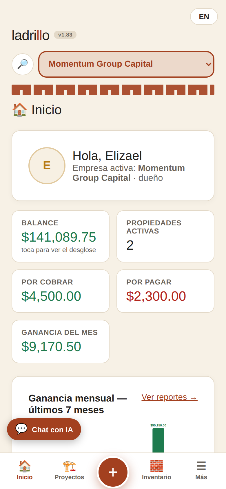 Inicio de Ladrillo: balance, ganancia del mes y chat con IA